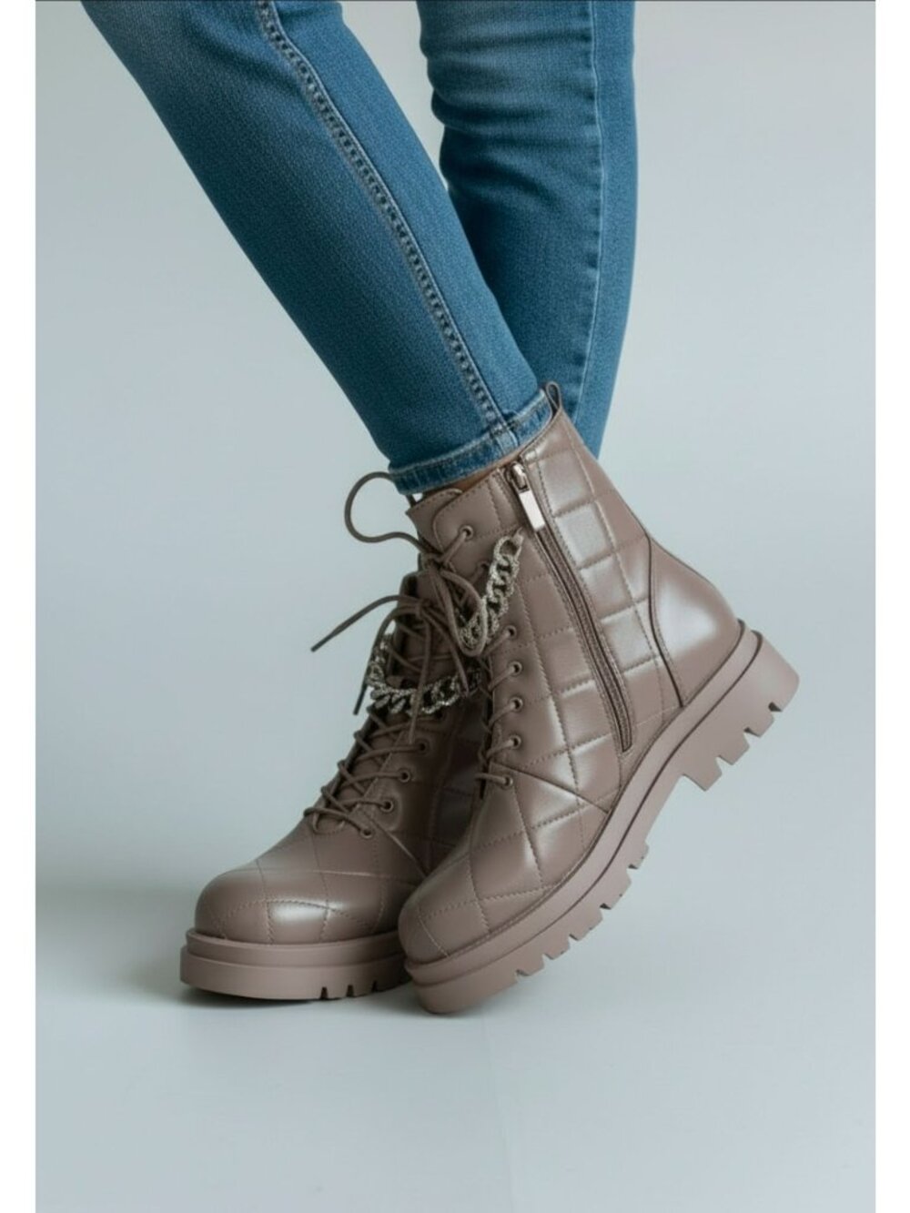 Taupe Quilted Combat Boots Lace Up Chain Detail Lug Sole Ankle Boots
